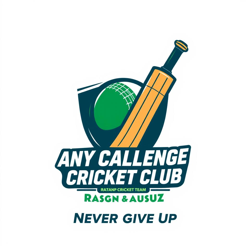 A dynamic logo design for an indoor cricket team named 'Any Challenge Cricket Club Ratnapura', featuring the team’s slogan 'Never Give Up'