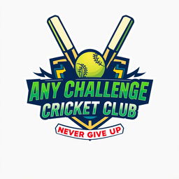 A dynamic logo design for an indoor cricket team named 'Any Challenge Cricket Club Ratnapura', featuring the team’s slogan 'Never Give Up'