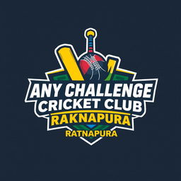 A dynamic logo design for an indoor cricket team named 'Any Challenge Cricket Club Ratnapura', featuring the team’s slogan 'Never Give Up'