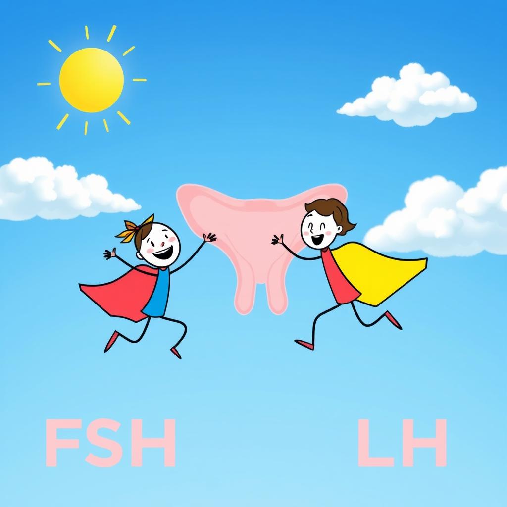 Two stick-figure characters, FSH and LH, both with colorful capes, are joyfully flying through a bright blue sky towards a pair of cartoonish ovaries depicted in the background
