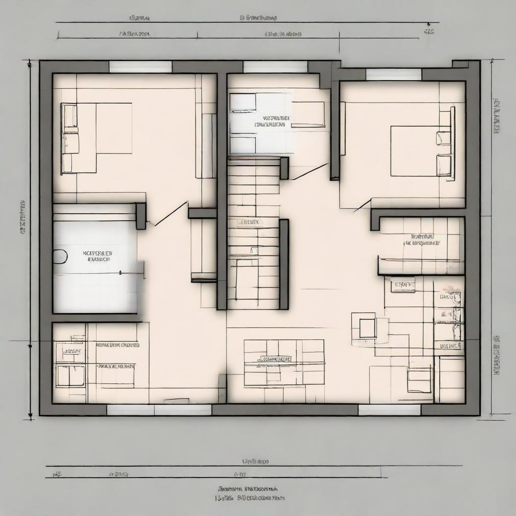 A detailed architectural plot map design for a 2 bedroom and 2 bathroom house, showcasing the floor layout, placement of rooms, and the overall design.