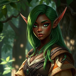 A dark-skinned half-elf with vibrant green hair, showcasing intricate pointed ears and an ethereal appearance