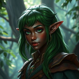 A dark-skinned half-elf with vibrant green hair, showcasing intricate pointed ears and an ethereal appearance