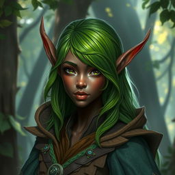 A dark-skinned half-elf with vibrant green hair, showcasing intricate pointed ears and an ethereal appearance