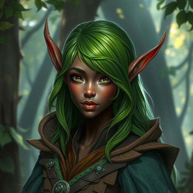 A dark-skinned half-elf with vibrant green hair, showcasing intricate pointed ears and an ethereal appearance