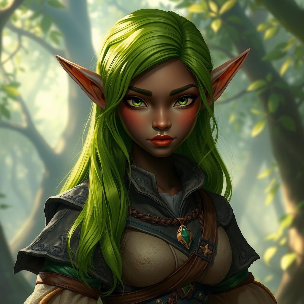A dark-skinned half-elf with vibrant green hair, showcasing intricate pointed ears and an ethereal appearance