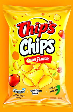 A colorful and eye-catching cover design for a bag of chips featuring a variety of chip flavors