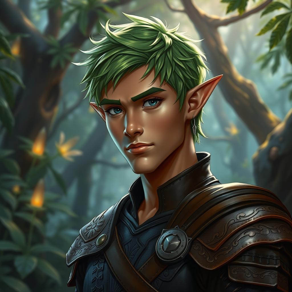 A semi-elf male character with a medium-brown skin tone and short, vibrant green hair