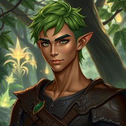 A semi-elf male character with a medium-brown skin tone and short, vibrant green hair
