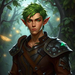 A semi-elf male character with a medium-brown skin tone and short, vibrant green hair