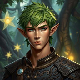 A semi-elf male character with a medium-brown skin tone and short, vibrant green hair
