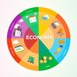 An imaginative and artistic interpretation of an economy wheel, featuring distinct sections representing various aspects of an economy such as production, consumption, market resources, savings, and investment