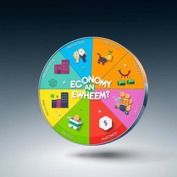 An imaginative and artistic interpretation of an economy wheel, featuring distinct sections representing various aspects of an economy such as production, consumption, market resources, savings, and investment
