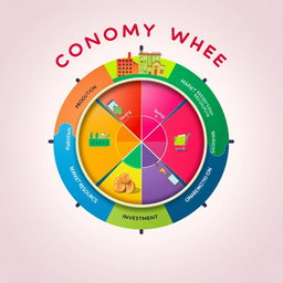 An imaginative and artistic interpretation of an economy wheel, featuring distinct sections representing various aspects of an economy such as production, consumption, market resources, savings, and investment