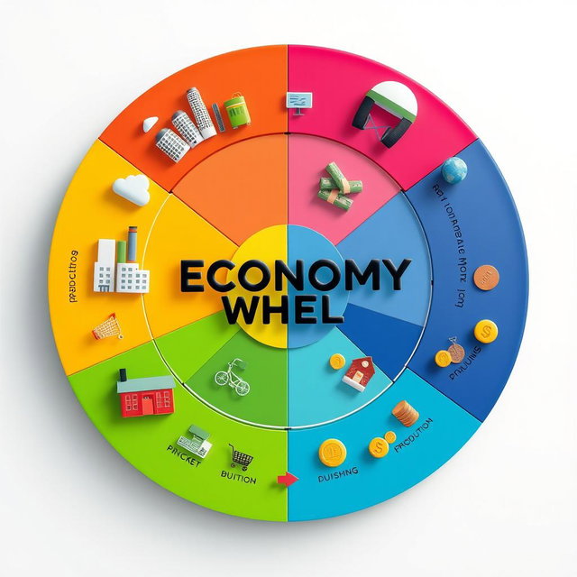 An imaginative and artistic interpretation of an economy wheel, featuring distinct sections representing various aspects of an economy such as production, consumption, market resources, savings, and investment