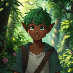 A teenage male half-elf with a round face, dark brown skin, and short green hair