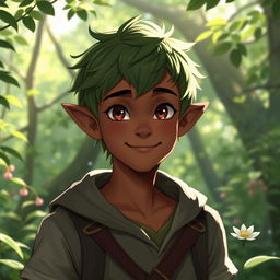 A teenage male half-elf with a round face, dark brown skin, and short green hair