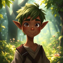 A teenage male half-elf with a round face, dark brown skin, and short green hair