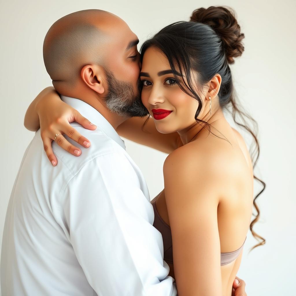 A 39-year-old Indonesian man with pure white skin is affectionately hugging a beautiful 28-year-old woman from behind while kissing her cheek