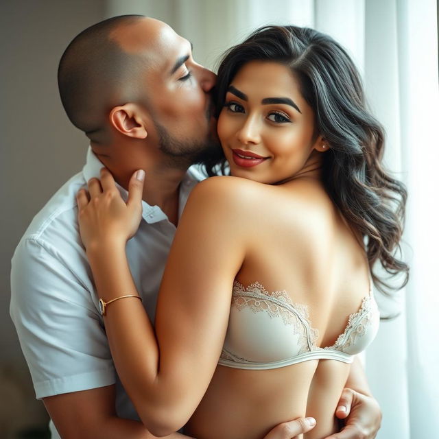 A 39-year-old Indonesian man with pure white skin is affectionately hugging a beautiful 28-year-old woman from behind while kissing her cheek