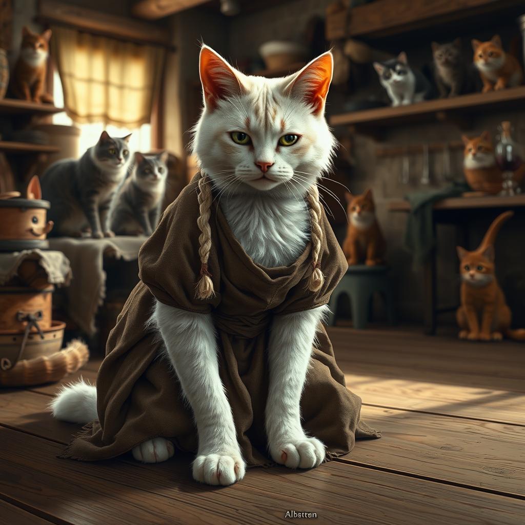 A realistic anthropomorphic white cat with braided hair, dressed in a tattered brown medieval or peasant-style dress