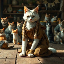 A realistic anthropomorphic white cat with braided hair, dressed in a tattered brown medieval or peasant-style dress