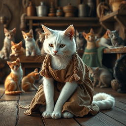 A realistic anthropomorphic white cat with braided hair, dressed in a tattered brown medieval or peasant-style dress