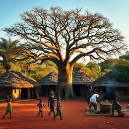 A small African village in the heart of the savannah, surrounded by lush nature
