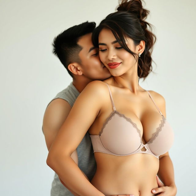 A 39-year-old Indonesian man with pure white skin is tenderly hugging a beautiful 28-year-old woman from behind as he kisses her cheek affectionately