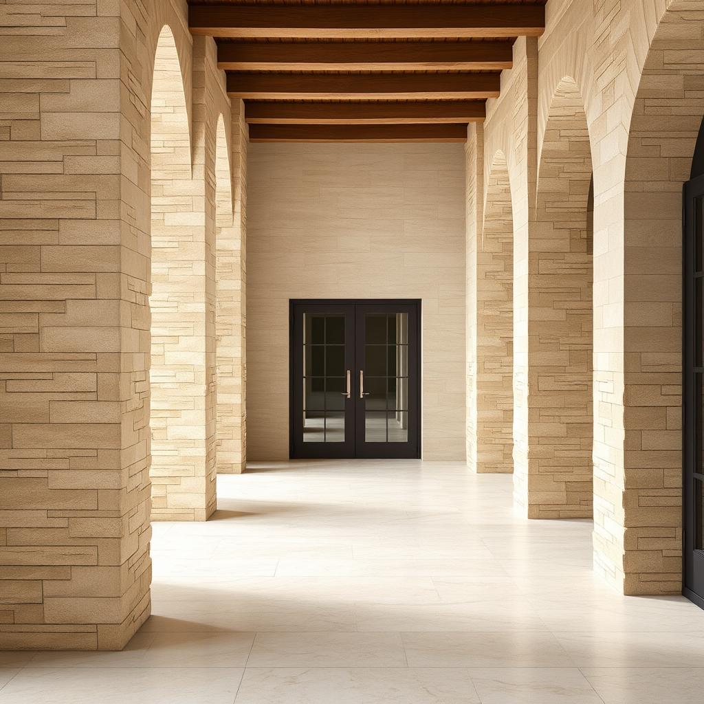 A beautifully designed interior space featuring stone ceramic cladding on the columns, giving a rustic and sturdy look