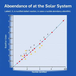 A graph depicting the 'Abundance of Nuclides in the Solar System', with various stellar reactions labeled as 1, 2, 3, 4, 5, and X