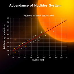 A graph depicting the 'Abundance of Nuclides in the Solar System', with various stellar reactions labeled as 1, 2, 3, 4, 5, and X