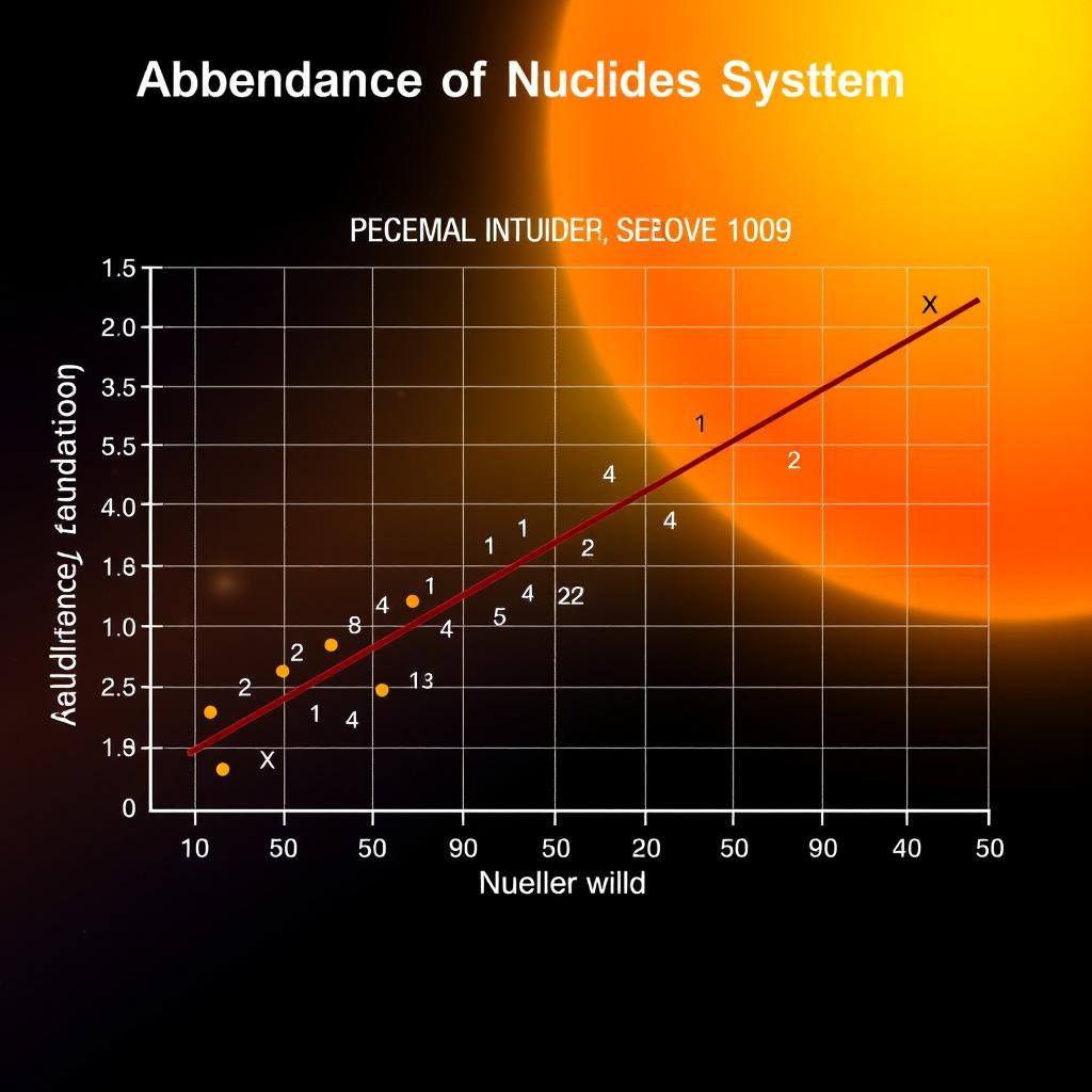 A graph depicting the 'Abundance of Nuclides in the Solar System', with various stellar reactions labeled as 1, 2, 3, 4, 5, and X