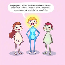 A vibrant illustration depicting three anthropomorphized characters representing hormones: Estrogen, glowing brightly in a warm yellow aura, speaking cheerfully about thickening the uterine lining and aiding in egg maturation