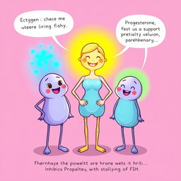 A vibrant illustration depicting three anthropomorphized characters representing hormones: Estrogen, glowing brightly in a warm yellow aura, speaking cheerfully about thickening the uterine lining and aiding in egg maturation