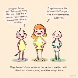 A vibrant illustration depicting three anthropomorphized characters representing hormones: Estrogen, glowing brightly in a warm yellow aura, speaking cheerfully about thickening the uterine lining and aiding in egg maturation