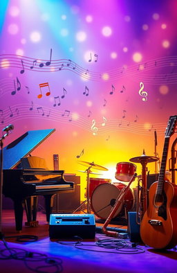 A vibrant and colorful music background with various musical instruments like a grand piano, electric guitar, drums, and wind instruments arranged artistically
