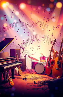 A vibrant and colorful music background with various musical instruments like a grand piano, electric guitar, drums, and wind instruments arranged artistically