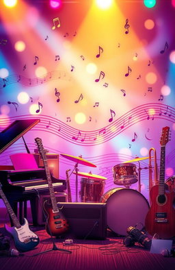 A vibrant and colorful music background with various musical instruments like a grand piano, electric guitar, drums, and wind instruments arranged artistically