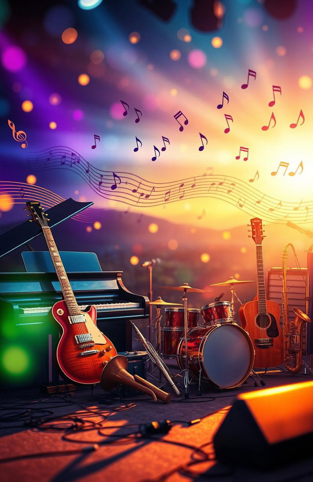 A vibrant and colorful music background with various musical instruments like a grand piano, electric guitar, drums, and wind instruments arranged artistically