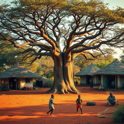 A small African village in the heart of the savannah, surrounded by lush nature