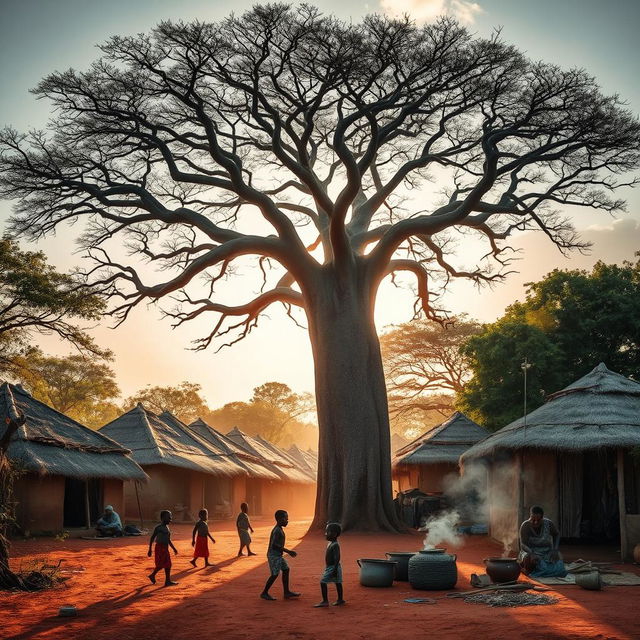 A small African village in the heart of the savannah, surrounded by lush nature