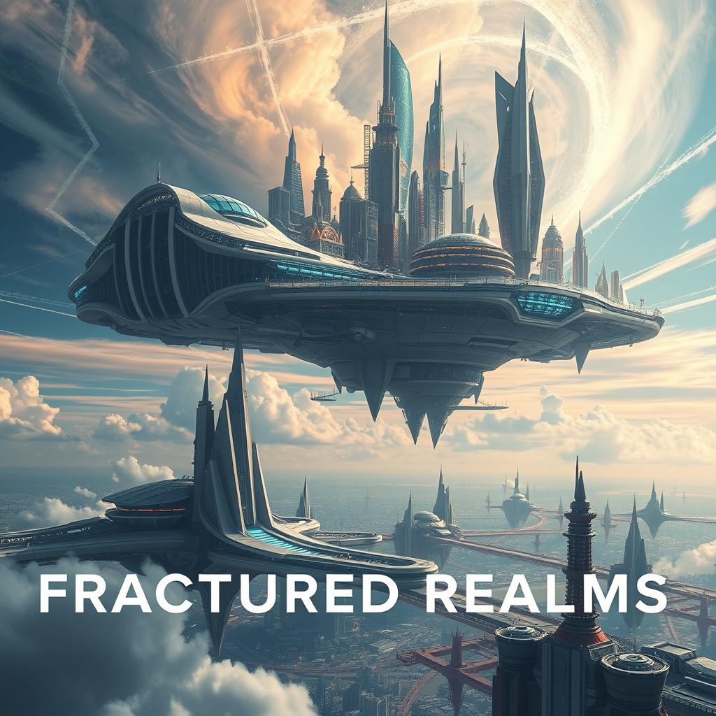 A breathtaking floating city of technological marvels set against a stunning backdrop of a fractured sky, showcasing multiple realities coexisting harmoniously
