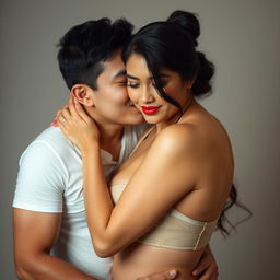 A 39-year-old Indonesian man with pure white skin is tenderly hugging a beautiful 28-year-old woman from behind while kissing her cheek with deep affection