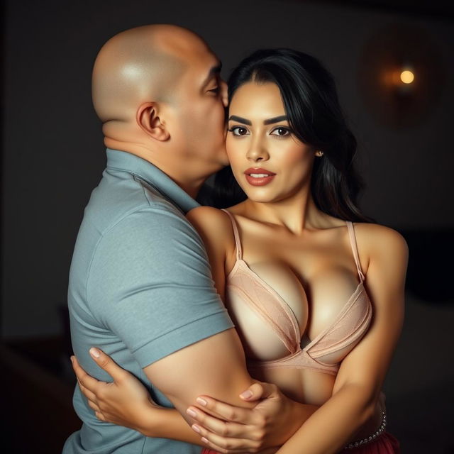 A 39-year-old Indonesian man with pure white skin is tenderly hugging a beautiful 28-year-old woman from behind while kissing her cheek with deep affection