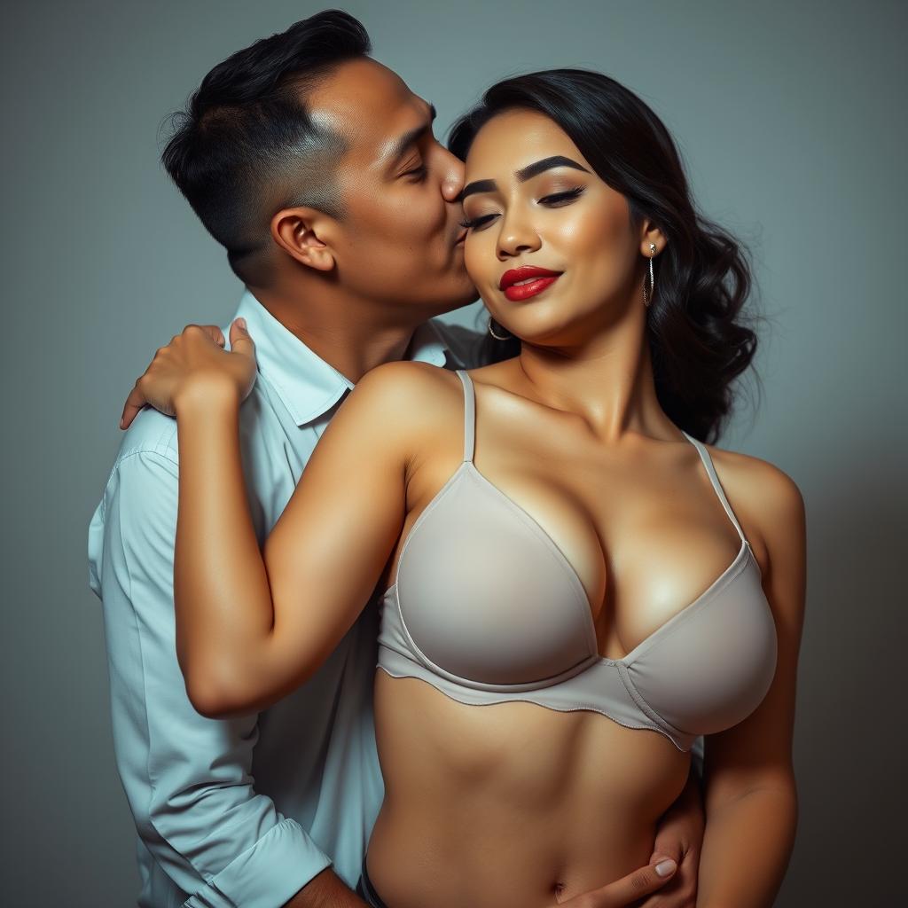 A 39-year-old Indonesian man with pure white skin is tenderly hugging a beautiful 28-year-old woman from behind while kissing her cheek with deep affection