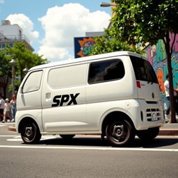 A white Daihatsu mini blind van with SPX decal, parked on a vibrant urban street