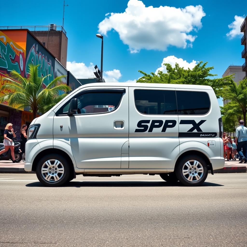 A white Daihatsu mini blind van with SPX decal, parked on a vibrant urban street
