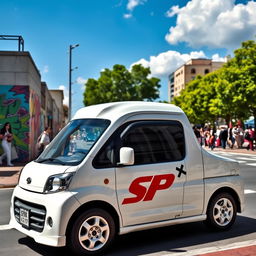 A white Daihatsu mini blind van with SPX decal, parked on a vibrant urban street