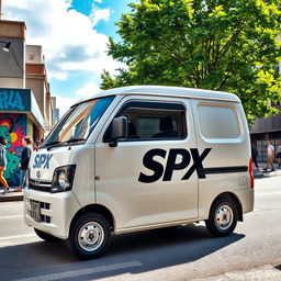 A white Daihatsu mini blind van with SPX decal, parked on a vibrant urban street